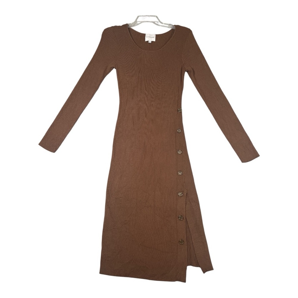 Pink Rose Brown Long Sleeve Dress with Button Detail